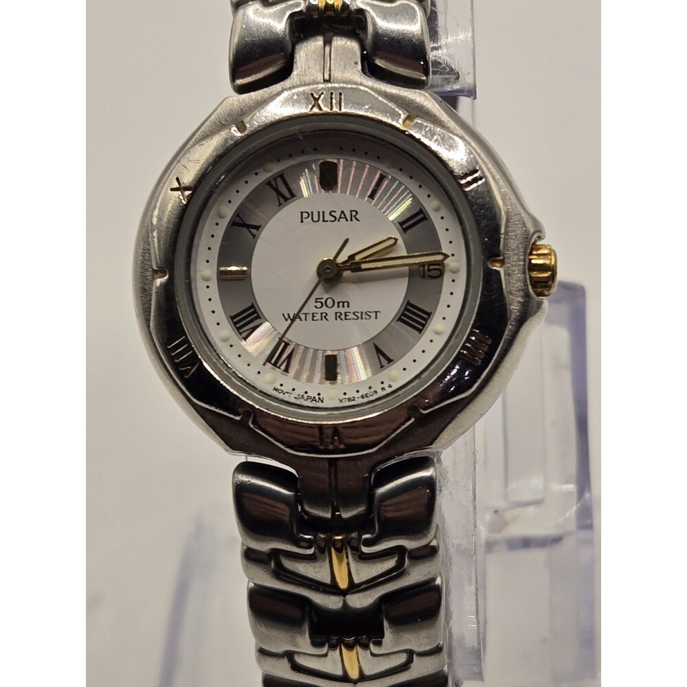 Pulsar Round Stainless Two Tone Silver Dial Date 26mm Watch V783-0B80. 6.75"